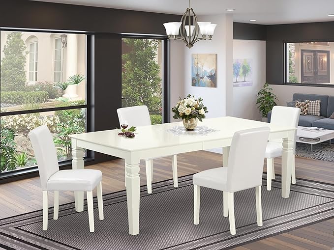 East West Furniture LGAB5-LWH-64 5 Piece Dining Table Set Includes a Rectangle Dining Room Table with Butterfly Leaf and 4 White Faux Leather Parsons Chairs, 42x84 Inch, Linen White