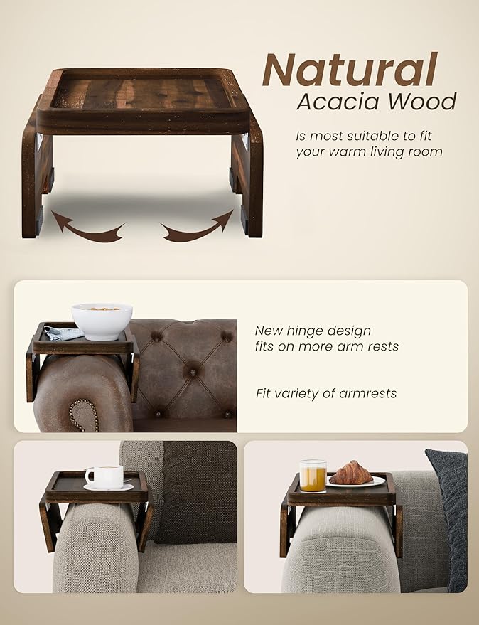 HOLANA Acacia Couch Armrest Table with 360° Rotating Phone Holder, Wooden Couch Tray – Sofa Side Table, Armchair Caddy for Home Sofa Living Room (Walnut, 13.75" D x 9.5" W x 2" H)