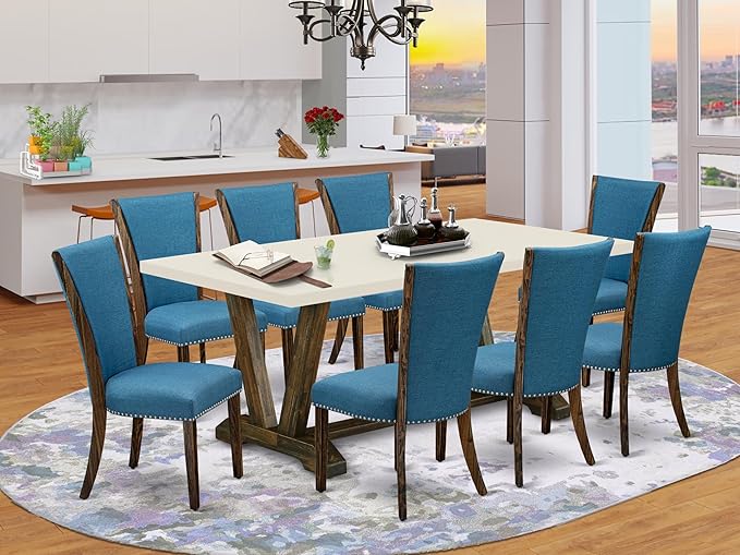 East West Furniture V727VE721-9 9 Piece Dining Set Includes a Rectangle Dining Room Table with V-Legs and 8 Blue Color Linen Fabric Upholstered Parson Chairs, 40x72 Inch, Multi-Color