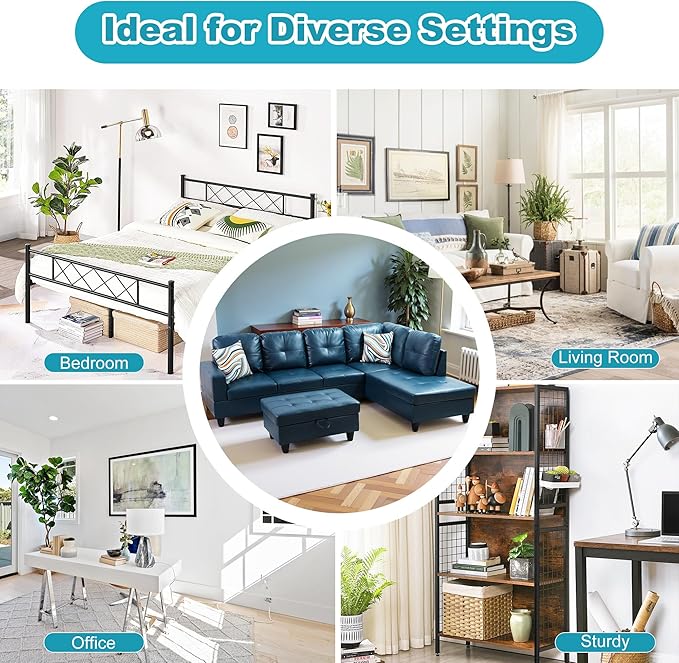 Couches for Living Room PU Leather L Shaped Couch Comfy 3 Pieces Sectional Sofa with Chaise, Ottoman with Storage for Office and Small Apartment, Peacock Blue