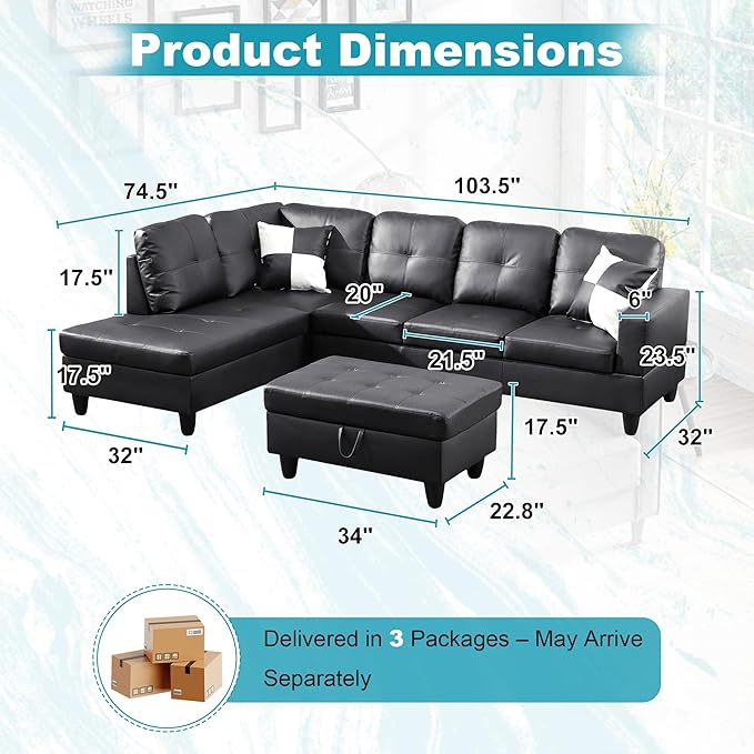 103.5" Oversized Sectional Couch, L Shaped Couch with Storage Ottoman, Modern Modular Sofa with Deep Seat, Sectional Couches for Living Room and Office, Jet Black (Faux Leather)