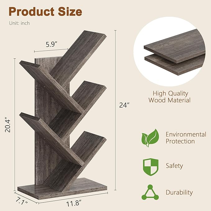 Hoctieon 4 Tier Tree Bookshelf, 4 Shelf Bookcase, Free Standing Tree Bookcase, Display Floor Standing Shelf for Books, Book Organizer Shelves for Home Office, Living Room, Bedroom, Grey