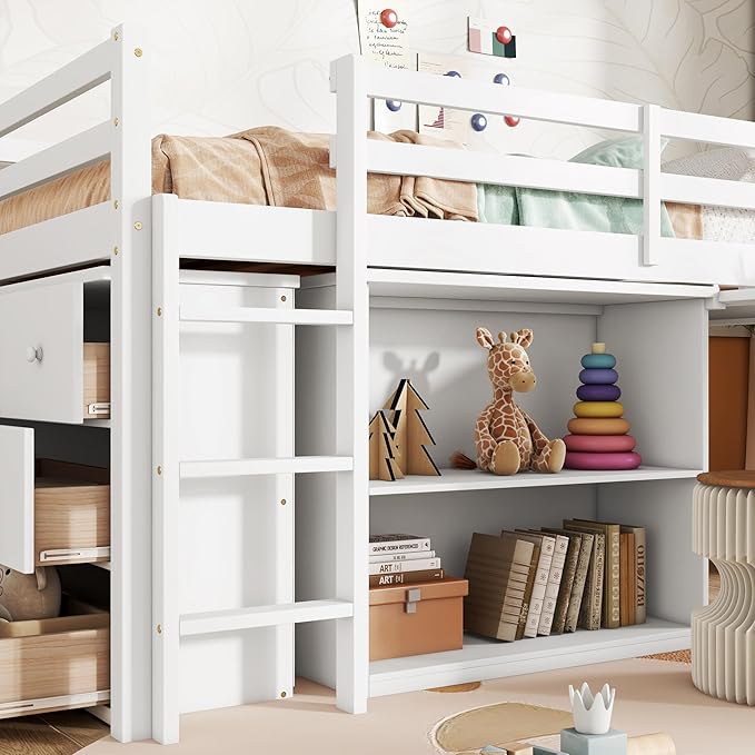 KEIKI Twin Loft Bed with Pull-Out Desk, Drawers & Open Shelves, Wooden Bed Frame with Guardrail, Low Design for Kids, White