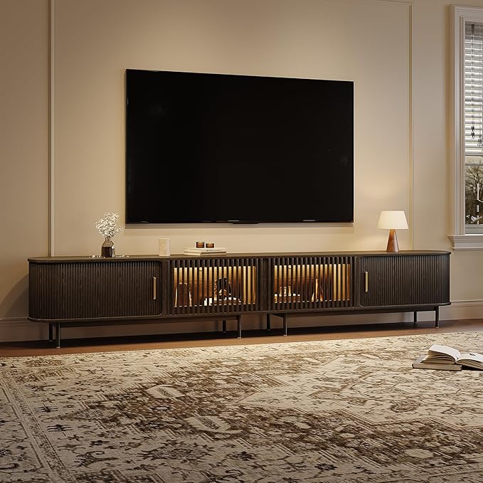 POVISON Sliding Tambour Door TV Stand with LED Lights, Mid Century Modern TV Console, Wood Media Console, Entertainment Center with Storage Cabinet, Fully-Assembled (Black, 118.11")