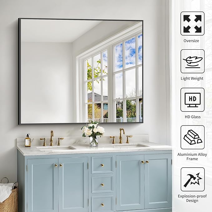40x48inch Black Bathroom Mirror, Black Rectangle Mirror with Frame, Large Rectangular Wall Mirrors for Bathroom, Living Room, Hair Salon, Big Farmhouse Mirror Hang Horizontal/Vertical