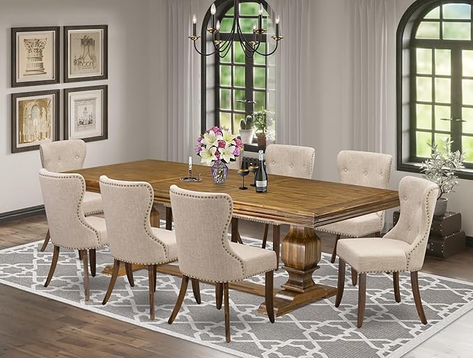 NKSI9-AWA-04 9-Piece Dining Table Set Consists of a Dining Table and 8 Light Tan Linen Fabric Kitchen Chairs with Button Tufted Back - Antique Walnut Finish