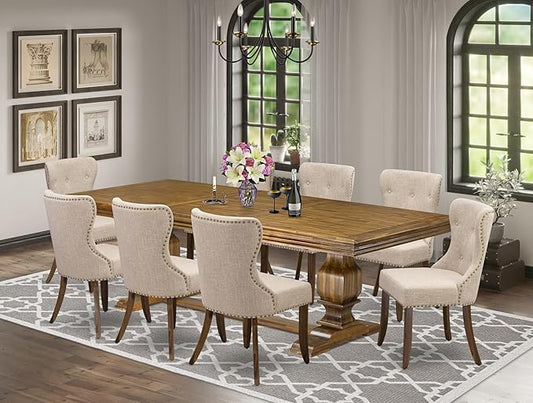 NKSI9-AWA-04 9-Piece Dining Table Set Consists of a Dining Table and 8 Light Tan Linen Fabric Kitchen Chairs with Button Tufted Back - Antique Walnut Finish