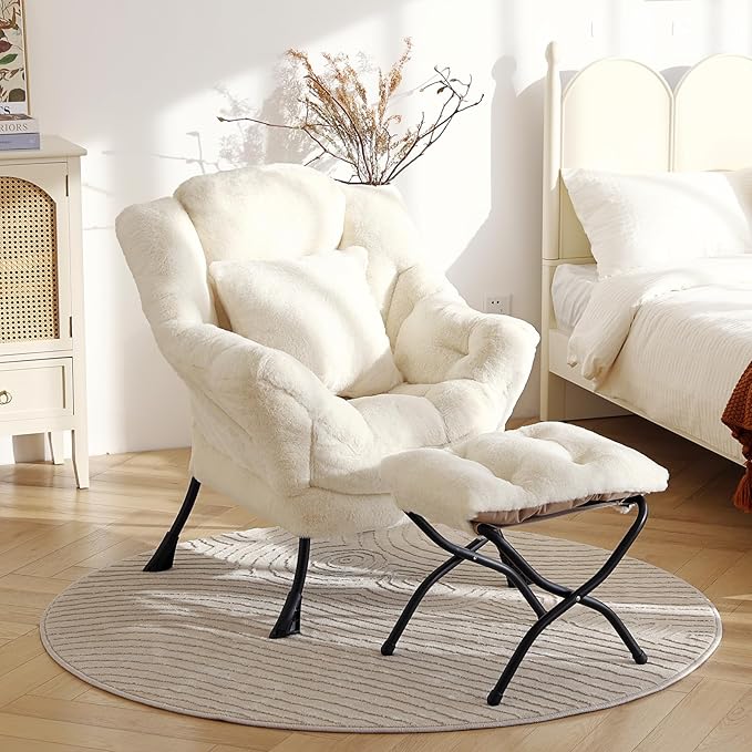 Large Lazy Chair with Ottoman, Accent Reading Chair with a Throw Pillow, Cozy Lounge Chair with Armrest, Leisure Sofa Chair for Living Room, Bedroom, Dorm, Plush Ivory