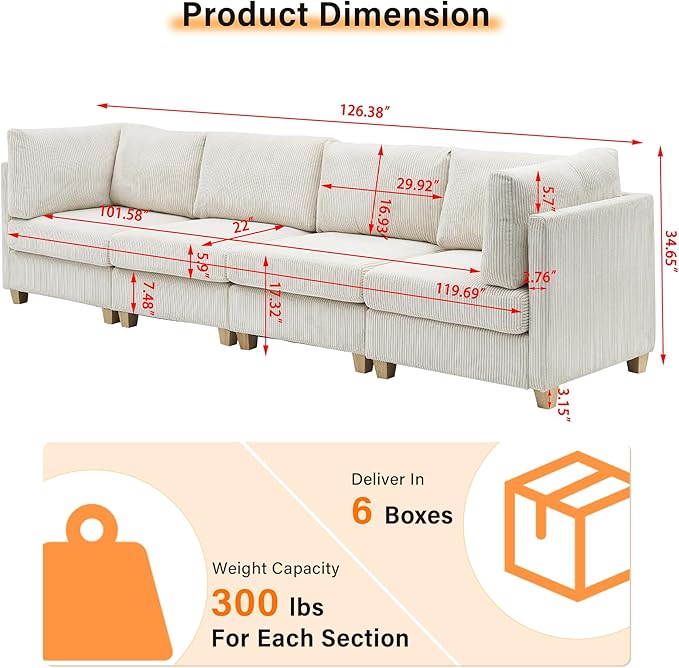 126" Convertible L-Shaped Modular Sectional Sofa, 4 Seater Corduroy Upholstered Corner Sofa Couch with Extra Wide Deep Seat, DIY Combination Lounger Sofa with Solid Wood Legs for Living Room Office