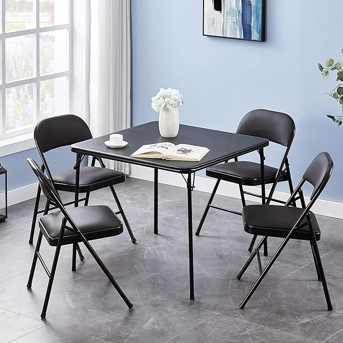 VECELO Folding Card Table and Chair Set of 5 Portable with Padded Tabletop, No Assembly Required, Black