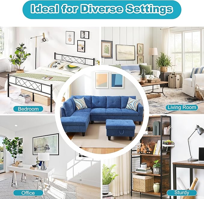 L Shaped Couch Modern Sectional Couch Upholstered Linen Fabric 3 Pieces Sofas for Living Room with Chaise, Storage Ottoman for Office and Small Apartment, Blue