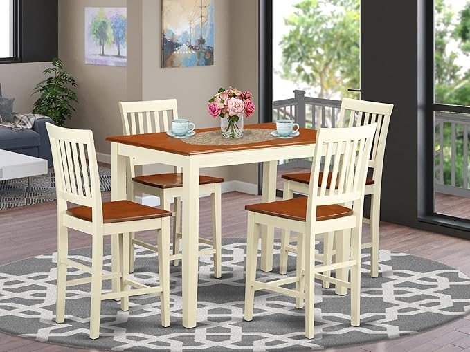 East West Furniture YAVN5-WHI-W 5 Piece Kitchen Counter Set Includes a Rectangle Dining Room Table and 4 Dining Chairs, 30x48 Inch, Buttermilk & Cherry
