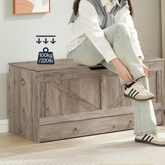 HOOBRO Storage Chest, 43.3" Toy Chest with Drawer, Wooden Storage Bench, Sturdy Entryway Bench Supports 220 lb, Shoe Bench, Safety Hinge, U-Shaped Opening, Easy Assembly, Greige BG711CW01G1