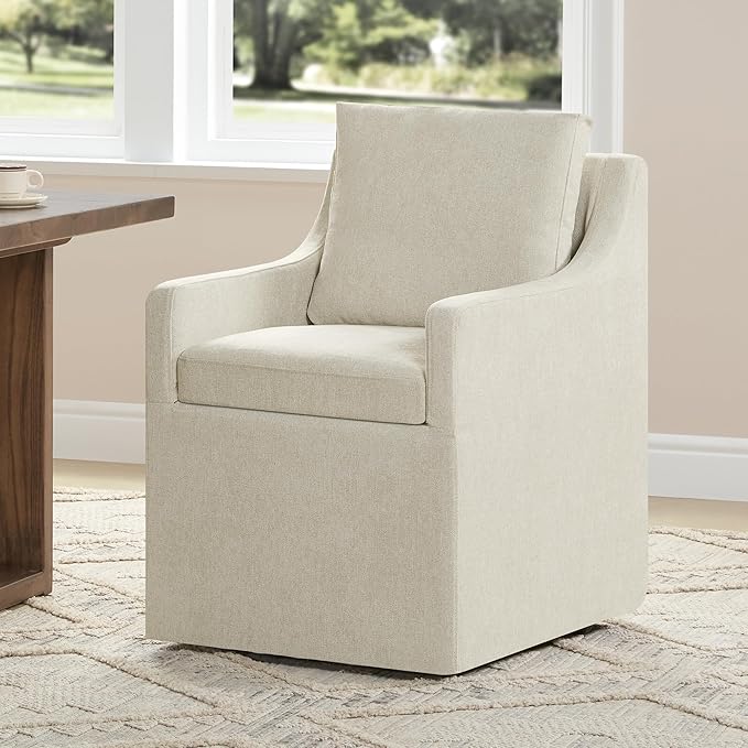 Upholstered Dining Chairs with Casters Washable Cover Side Deskchair with Rollers for Diningroom, Living Room, Cream Beige, 1 Box