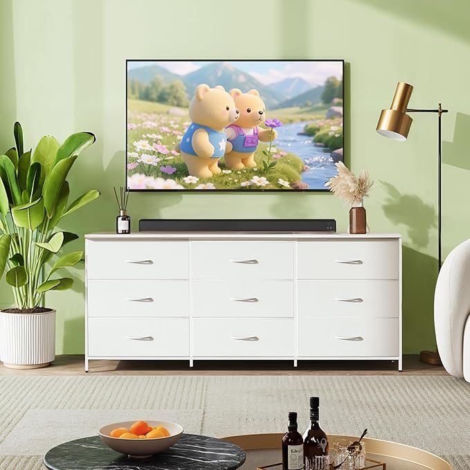 WLIVE 63''W Dresser for Bedroom, White Dresser TV Stand for 65, 70, 75 inch TV, Wide Chest of Drawers with 9 Drawer, Large Entertainment Center, Fabric Dressers with Wood Top for Closet, Living Room