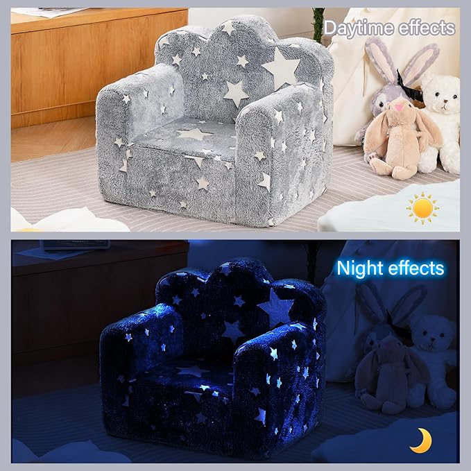 Tiita Kids Couch Plush Toddler Chair, Cloud-Like Glow in The Dark Kids Sofa Toddler Reading Chair with Washable Cover Carrying Handle, Convertible Children Sofa Chair for Girls and Boys