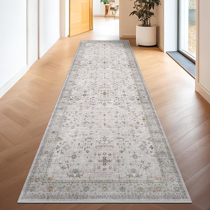 Light Gray Kitchen Rug 12 ft Long - Modern Boho Eclectic Floral Geometric Decor, Washable Low Pile Non-Slip Extra Long Wide Runner Rugs for Hallway, 3x12