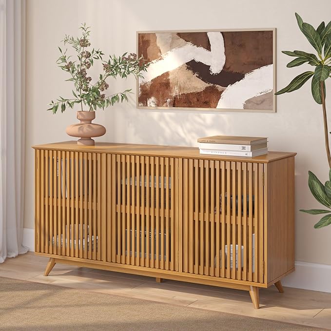 Plank+Beam Mid-Century Modern Wood TV Stand, Three Door Solid Wood Entertainment Console with Storage, 59" L x 16" W x 30" H, Pecan