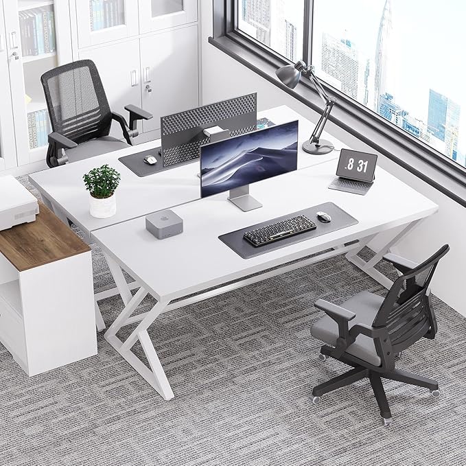 LVB Modern White Computer Desk, Long Industrial Home Office Desk for Student, Large Metal Wood Writing Study Work Desk, Farmhouse Executive Gaming Computer Table for Bedroom Living Room, White, 60 in