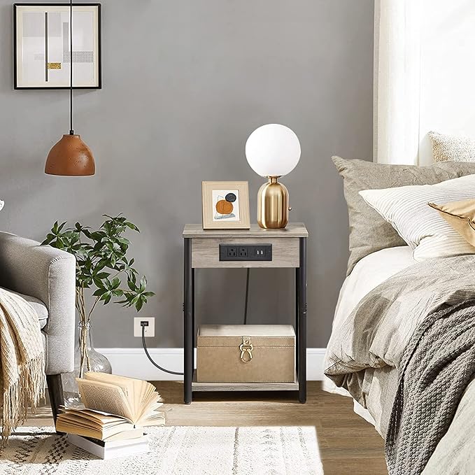 TUTOTAK End Table with Charging Station, Side Table with 2 USB Ports and 2 Outlets, 21.8”H 2-Tier Nightstand with Storage Shelf, Sofa Table TB01BG025 (1 pc)