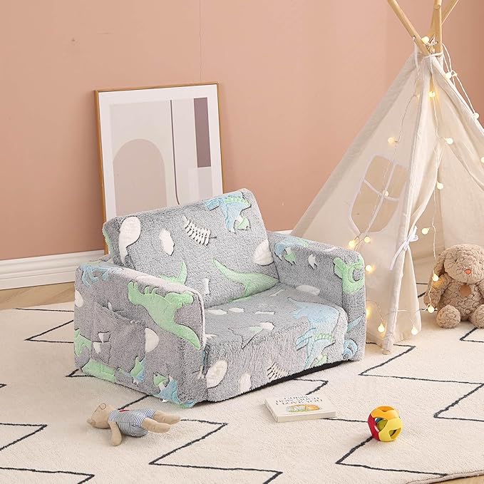 Tiita Kids Sofa, 2-in-1 Kid Chair, Convertible Toddler Couch to Lounger, Flip Out Baby Sofar, Toddler Armrest Chair Bed, Folding Kids Play Sofa for Girl or Boy(Dark Grey Dinosaur)
