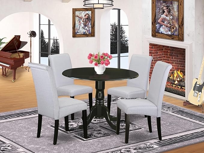 East West Furniture DLBA5-BLK-05 5 Piece Dining Set Includes a Round Dining Room Table with Dropleaf and 4 Grey Linen Fabric Upholstered Parson Chairs, 42x42 Inch, Black