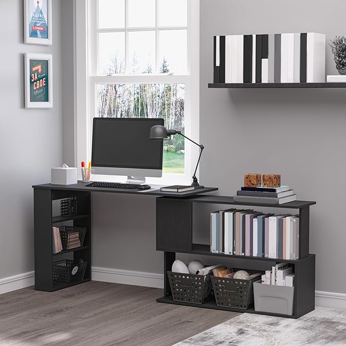 HOMCOM L Shaped Desk, Corner Computer Desk, 360 Degree Rotating Home Office Desk with Storage Shelves, Writing Table Workstation, Black