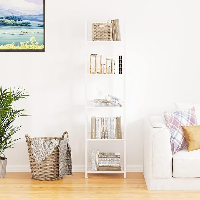 Bookshelf Storage Shelf Bookcase Freestanding Storage Stand for Living Room, Bedroom, Kitchen, Rust Resistance, Easy Assembly Free Combination Multi-Functional Organizer (5 Tiers,White)