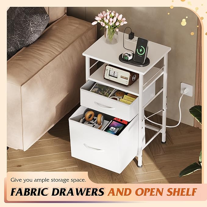 WLIVE Night Stand with Charger Station, White Nightstand with 2 Fabric Drawers, Bedside Table, Small Dresser for Bedroom, Side Table with USB Ports and Outlets