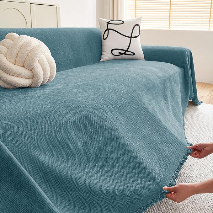 hyha Couch Cover for Dogs, Boho Sofa Covers for 3 Cushion Couch Washable, Chenille Sofa Slipcover for Pets, Soft Loveseat Sectional Couch Throw Blankets with Tassels (Blue, 88.5x150 Inch)