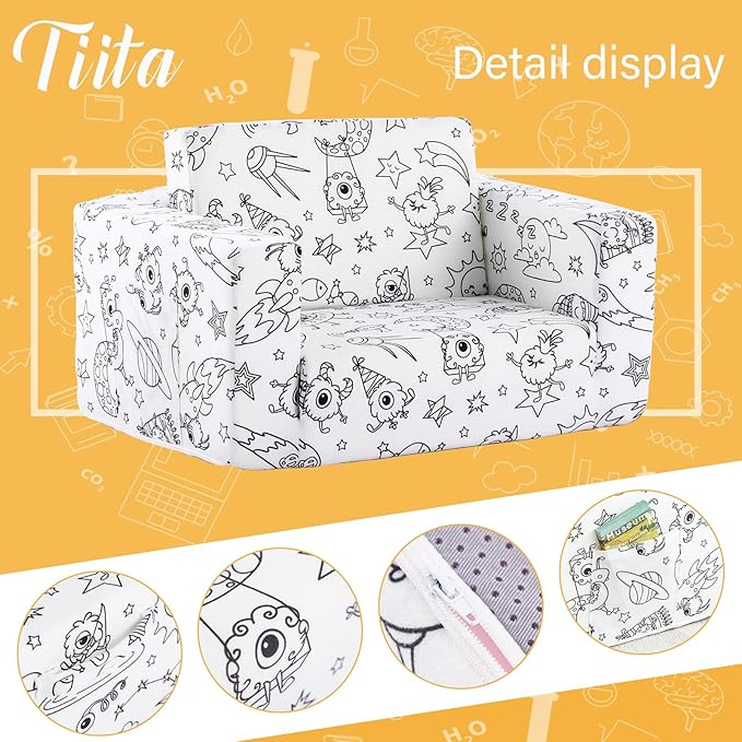 Tiita Kids Sofa Couch, Convertible Children Couch to Lounger, Toddler Comfy Sofa with Cute Graffiti Pattern Design for Girls and Boys, Graffiti