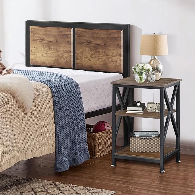 End Tables with Storage Shelf, 12" Deep x 16" Wide x 24" High, Small Side Table 3-Tier, End Tables Living Room Farmhouse, X-Shaped Night Stands for Bedrooms Bedside Tables, End Table Wood and Metal