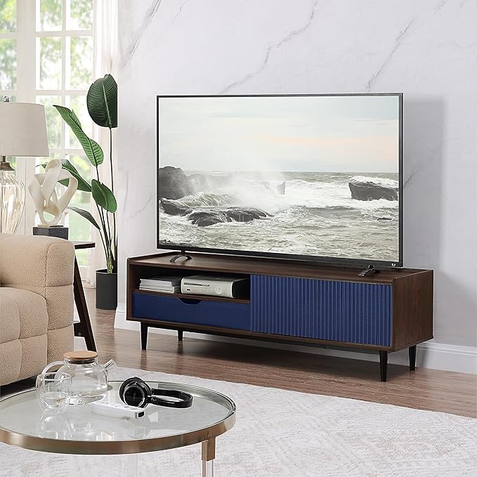 Manhattan Comfort Duane Modern Ribbed 55 Inch TV Stand with 1 Drawer, 2 Shelves, Sliding Door, and Wire Management, Mid-Century Style Entertainment Center and Media Console for Living Room, Navy Blue