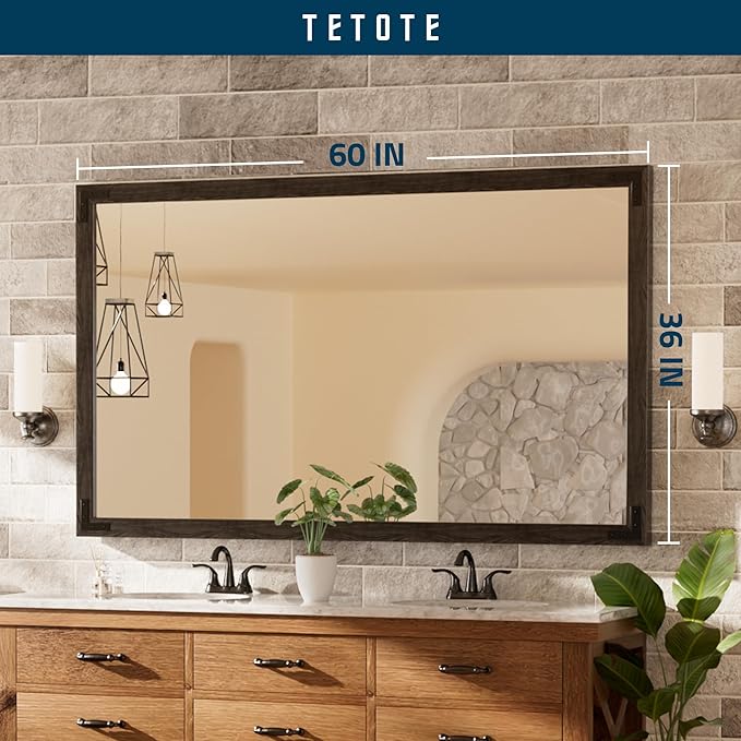 TETOTE 60 x 36 Black Wood Framed Mirror for Bathroom Wall/Bedroom/Living Room/Entryway Farmhouse Rustic Wall Mirror Waterproof (Horizontal/Vertical Mounted)