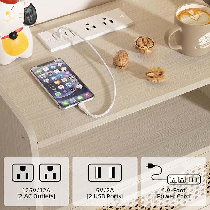 Lerliuo Rattan Nightstand with Charging Station, Side Table with Drawer Open Shelf, Cane Accent Bedside End Table with Solid Wood Legs, Night Stand for Bedroom, Dorm and Small Spaces (Grey White)