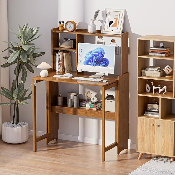 Bamboo Folding Desk with Storage Rack Mid Century Modern Desk for Home Office Bedroom Small Spaces, Brown