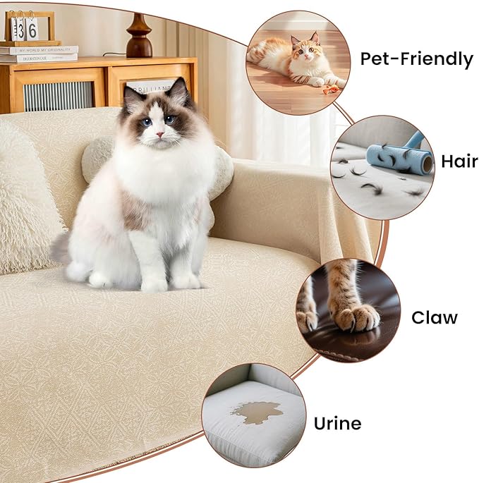STACYPIK Thick Beige Jacquard Floral Couch Cover for Dogs, Washable Boho Couch Covers, Non Slip Couch Sofa Cover, Couch Cover 3 Cushion Sofa with Tassels, Furniture Protector for Living Room-71X150IN