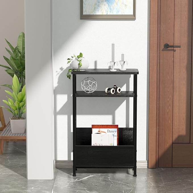 7.1" Narrow Side Table for Small Spaces, 3 Tier Small End Table with Magazine Holder, Slim/Skinny Nightstand/Bedside Table for Living Room, Bedroom, 15.4" L x 24.2" H, Black