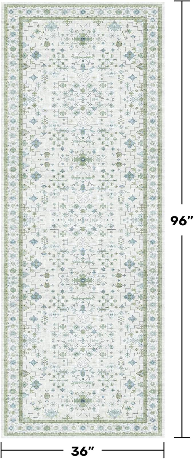 Turkish 3x8 Wide Hallway Runner - Cream Green Oushak Boho Floral, Washable Low Pile Non Slip Stain Resistant Rug for Kitchen, Bathroom, Hall Way