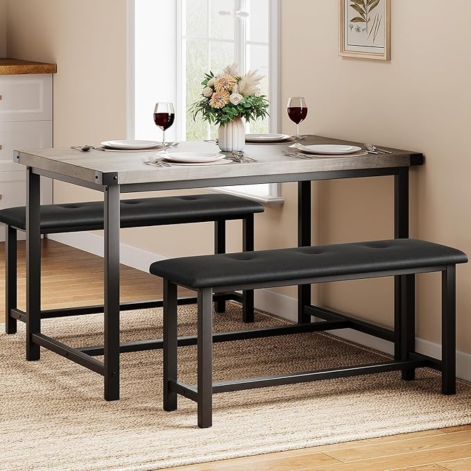 Garvee Dining Table with 2 Benches, Kitchen Table with 2 Upholstered Benches Rectangular Space Saving for Apartment, Dining Room, Kitchen, 44.5 Inches Large, Grey