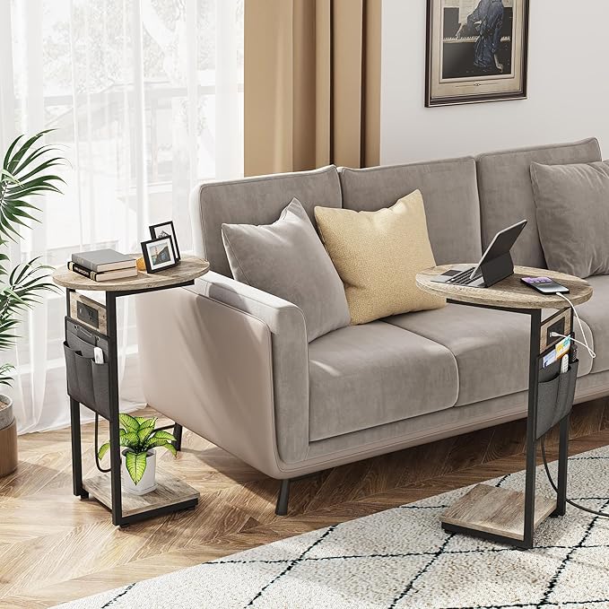 Vagusicc C Shaped End Table with Charging Station, Small Side Table for Couch, Slide Under Sofa Table for Living Room Bedroom, Round Couch Side Table, C Table for Couch Snack Table TV Tray, Greige
