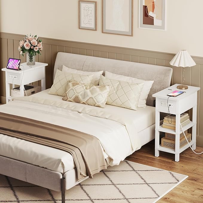 HOOBRO End Table with Charging Station, Flip Top Side Table with USB Ports, Narrow Nightstand Bedside Tables with Storage Shelves, for Small Space, Living Room, White WT141UBZ01
