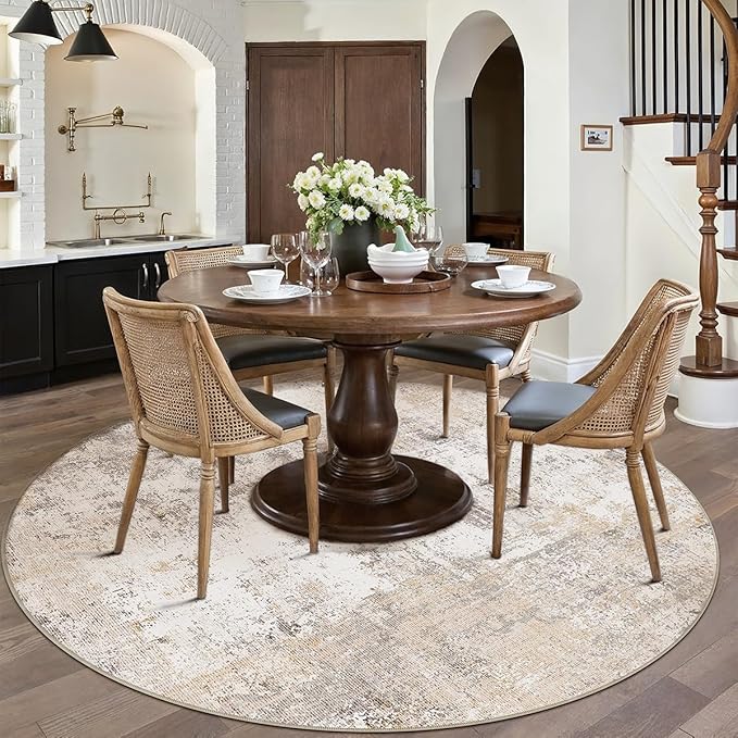 6x6 Washable Round Rug Beige Grey Neutral Abstract Living Room Bedroom Area Rug Non Slip Soft Low Pile Indoor Floor Carpet for Office Dining Room Kitchen Entryway