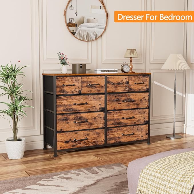 Furnulem Bedroom Dresser for 55”Long TV Stand,10 Storage Organizer Dressers & Chests of Drawers, Sturdy Metal Frame & Wood Top Tall Storage Cabinet for Bedroom Closet Living Room Entryway Rustic Brown