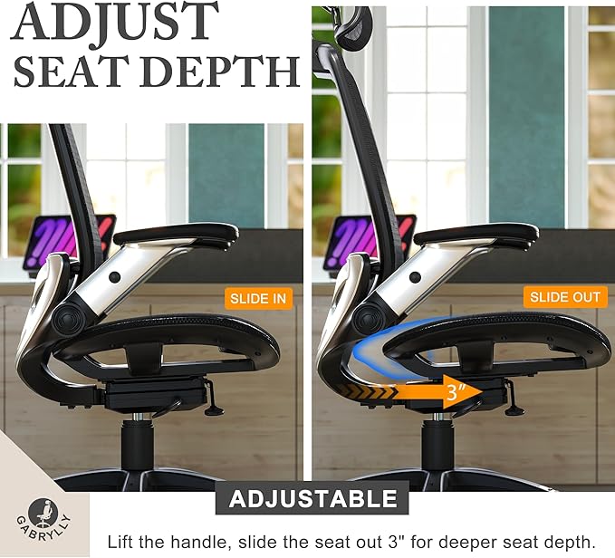 GABRYLLY Ergonomic Office Mesh Chair, High-Back Desk Chair with Sliding Seat, Adjustable Flip-up Armrest & 2D Headrest, 4-Gear Tilt Function, Swivel Computer Gaming Chairs for Man Woman