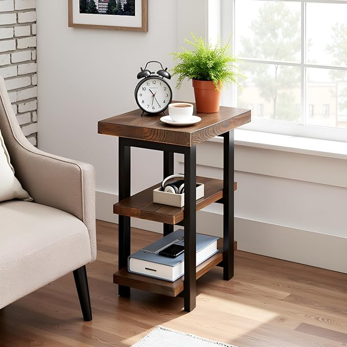 Pomona 3-Tier Solid Wood End Table with Storage Shelves – Rustic Industrial Space-Saving Side Table or Nightstand for Living Room, Bedroom, or Entryway by Alaterre Furniture