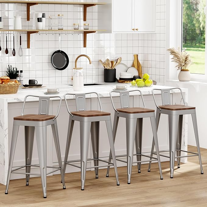 WENTMENT Bar Stools Set of 4 Counter Height Stools with Removable Back 26" Kitchen Bar Stools with Wooden Seat, Silver