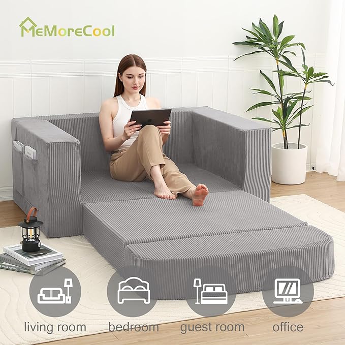 MeMoreCool Convertible Sofa Bed, Pull Out Loveseat Sleeper Sofa, Small Boneless Cloud Couch Bed for Adults, Fold Out Foam Love Seat Grey, Corduroy Folding Floor Couch for Bedroom