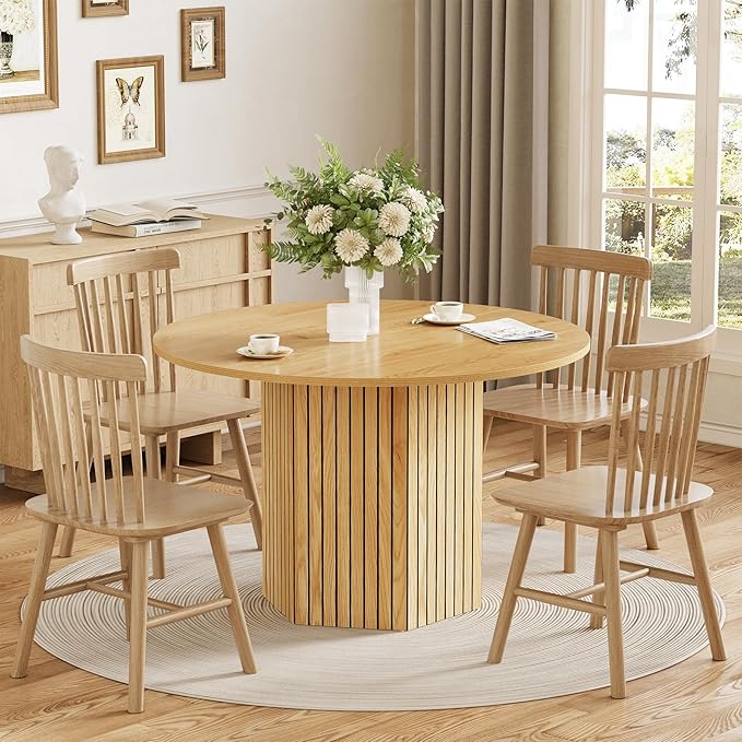 LITTLE TREE Round Wood Dining Table, 47-Inch Small Dining Table for 4, Modern Circle Kitchen Table with Wood Strip Base for Kitchen Living Room, Walnut