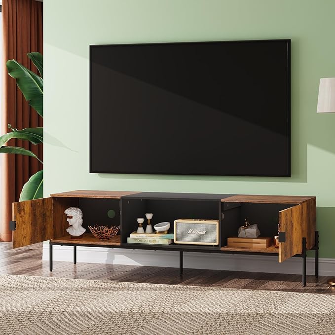 WLIVE Modern TV Stand for 65 Inch TV, Mid Century Entainment Center with Storage, TV Console with Open Shelf and 2 Cabinets for Bedroom and Living Room, TV Cabinet with Metal Legs, Rustic Brown